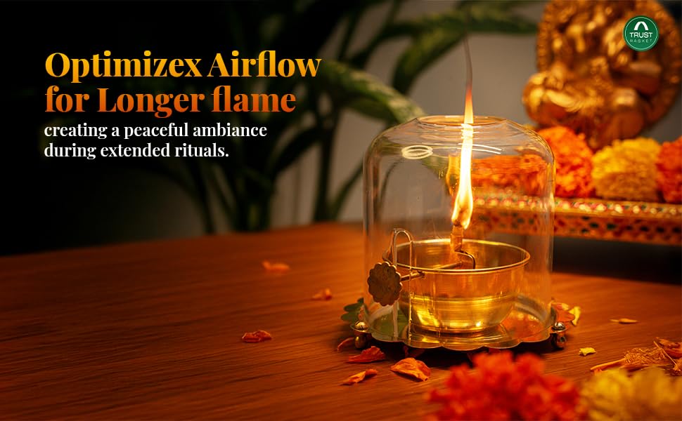 5.5 Inches Golden Brass Akhand Diya with Adjustable Bati With Lifting Screw Wick Holder and Borosilicate Glass