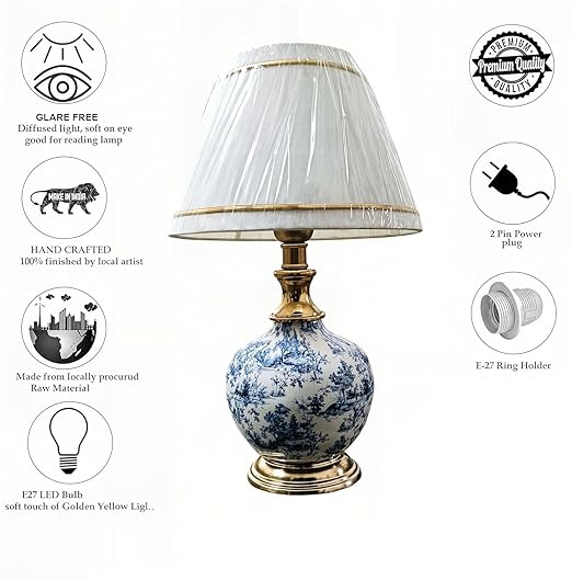 Antique Finish Gold Table Lamp for Bedroom, Bedside, Living Room, Home Decoration, Hotel Pack of 1 | Size:46 X 25 cm Blue & White