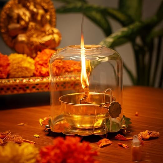 5.5 Inches Golden Brass Akhand Diya with Adjustable Bati With Lifting Screw Wick Holder and Borosilicate Glass