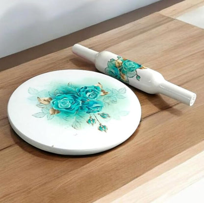 Handicraft Printed White Marble Roti Maker with Wooden Belan Enamel Print | Marble Chakla Diameter 10 Inch