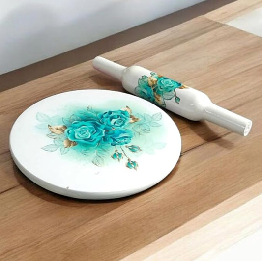 Handicraft Printed White Marble Roti Maker with Wooden Belan Enamel Print | Marble Chakla Diameter 10 Inch