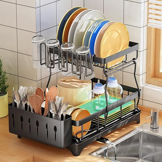 2-Tier Large Dish Drying Rack for Kitchen Counter – Detachable Dish Drainer with Utensil Holder & Drain Board, Space-Saving Dish Organizer, Black