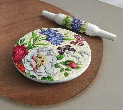 Handicraft Printed White Marble Roti Maker with Wooden Belan Enamel Print | Marble Chakla Diameter 10 Inch