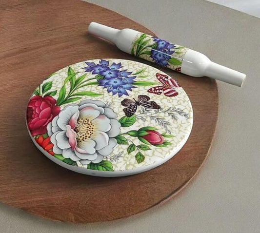 Handicraft Printed White Marble Roti Maker with Wooden Belan Enamel Print | Marble Chakla Diameter 10 Inch