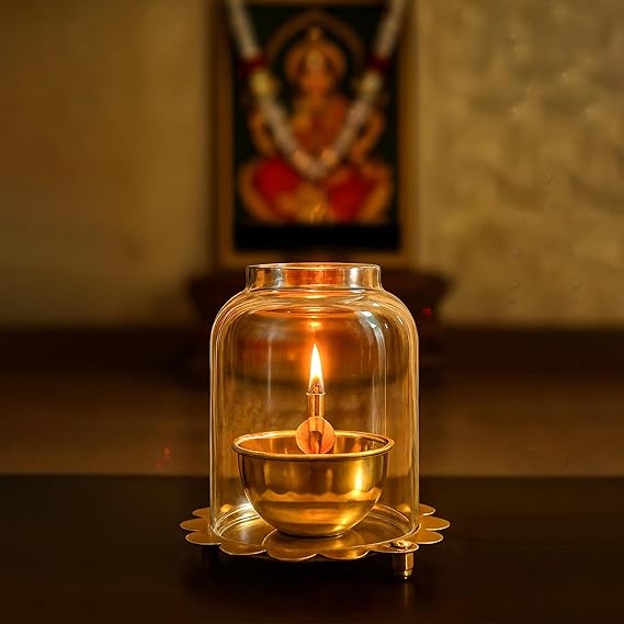 5.5 Inches Golden Brass Akhand Diya with Adjustable Bati With Lifting Screw Wick Holder and Borosilicate Glass