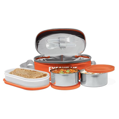 Executive Lunch Box, 2 Round Inner Steel Round Containers 280ml Each and 1 Microwave Safe Oval Plastic Container, 450ml with Insulated Bag, Office Tiffin for Leak-Proof, Easy to Carry