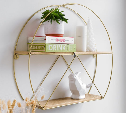 Metal Engineered Wood Round Artistic Floating Shelf | Wall Hanging for Living Room and Bedroom Organizer | Size: 25X21 Inches |