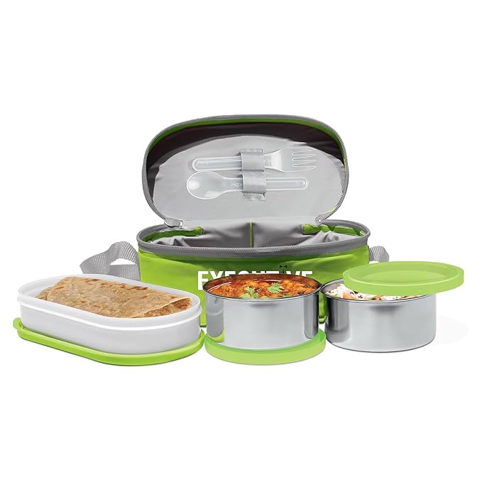 Executive Lunch Box, 2 Round Inner Steel Round Containers 280ml Each and 1 Microwave Safe Oval Plastic Container, 450ml with Insulated Bag, Office Tiffin for Leak-Proof, Easy to Carry Green Color