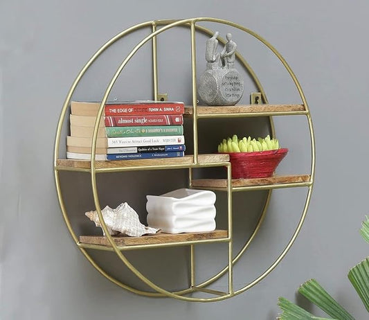 Metal Engineered Wood Circular Artistic Book Storage Floating Wall Shelf | Wall Hanging for Living Room and Bedroom Organizer | Size: 16 Inches