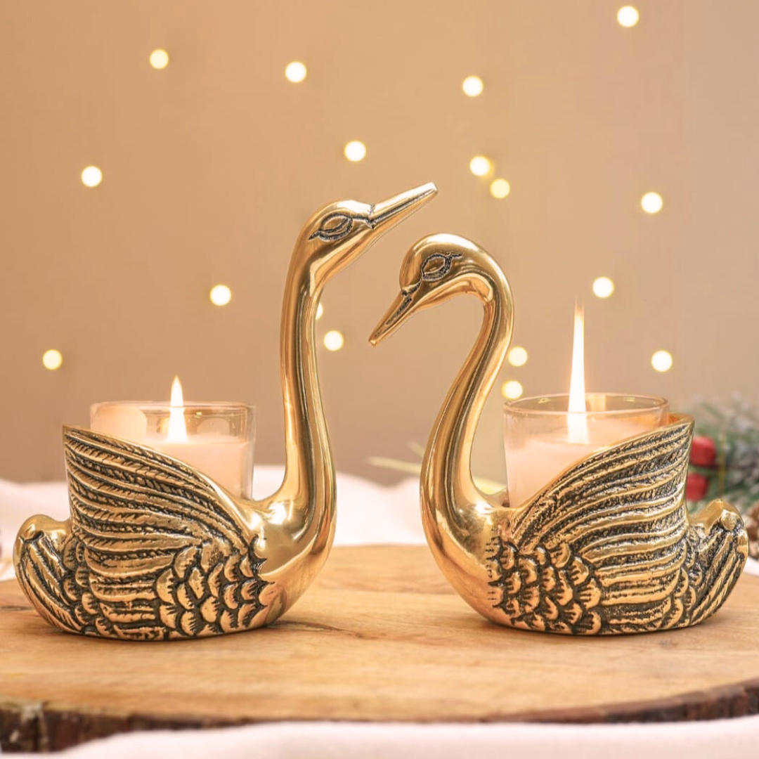 Aluminium Pair of Swans for Good Luck and Love | Candle Holder for Home Decor Tabletop Living Room