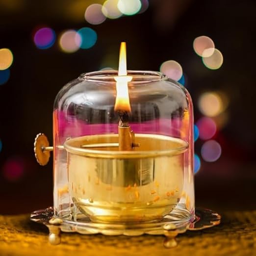 5.5 Inches Golden Brass Akhand Diya with Adjustable Bati With Lifting Screw Wick Holder and Borosilicate Glass