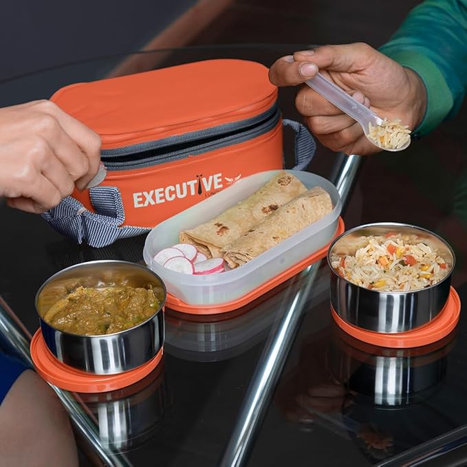 Executive Lunch Box, 2 Round Inner Steel Round Containers 280ml Each and 1 Microwave Safe Oval Plastic Container, 450ml with Insulated Bag, Office Tiffin for Leak-Proof, Easy to Carry