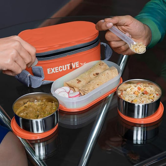 Executive Lunch Box, 2 Round Inner Steel Round Containers 280ml Each and 1 Microwave Safe Oval Plastic Container, 450ml with Insulated Bag, Office Tiffin for Leak-Proof, Easy to Carry