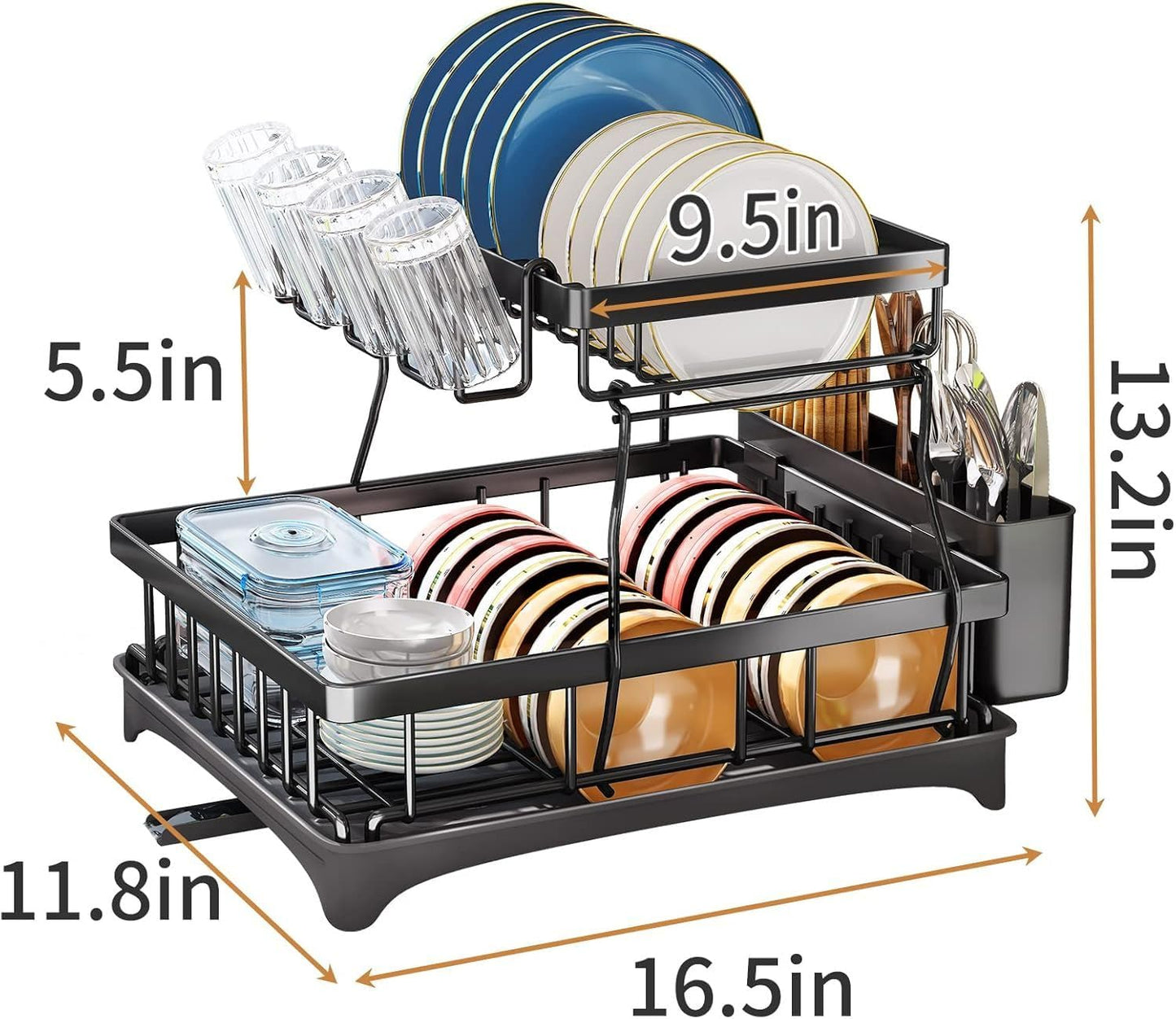 2-Tier Large Dish Drying Rack for Kitchen Counter – Detachable Dish Drainer with Utensil Holder & Drain Board, Space-Saving Dish Organizer, Black