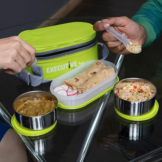 Executive Lunch Box, 2 Round Inner Steel Round Containers 280ml Each and 1 Microwave Safe Oval Plastic Container, 450ml with Insulated Bag, Office Tiffin for Leak-Proof, Easy to Carry Green Color