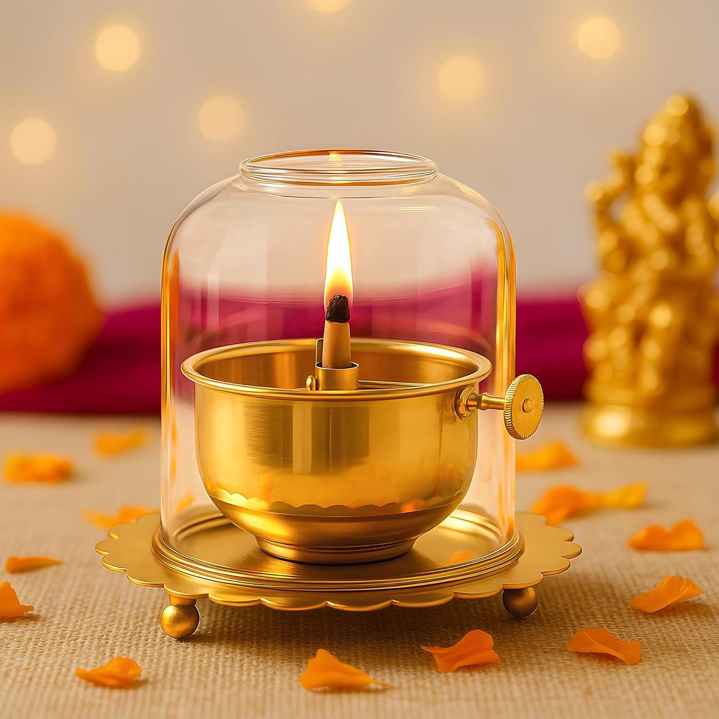 5.5 Inches Golden Brass Akhand Diya with Adjustable Bati With Lifting Screw Wick Holder and Borosilicate Glass