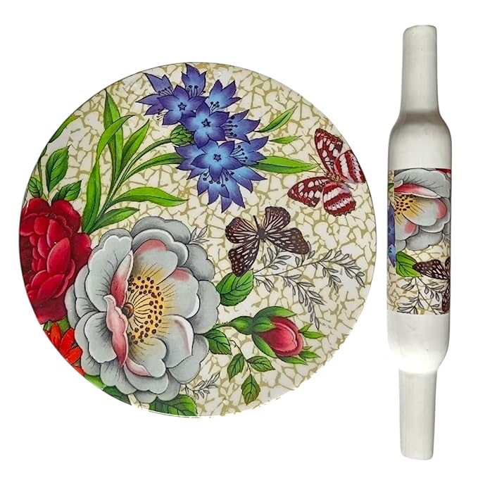 Handicraft Printed White Marble Roti Maker with Wooden Belan Enamel Print | Marble Chakla Diameter 10 Inch