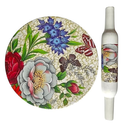 Handicraft Printed White Marble Roti Maker with Wooden Belan Enamel Print | Marble Chakla Diameter 10 Inch
