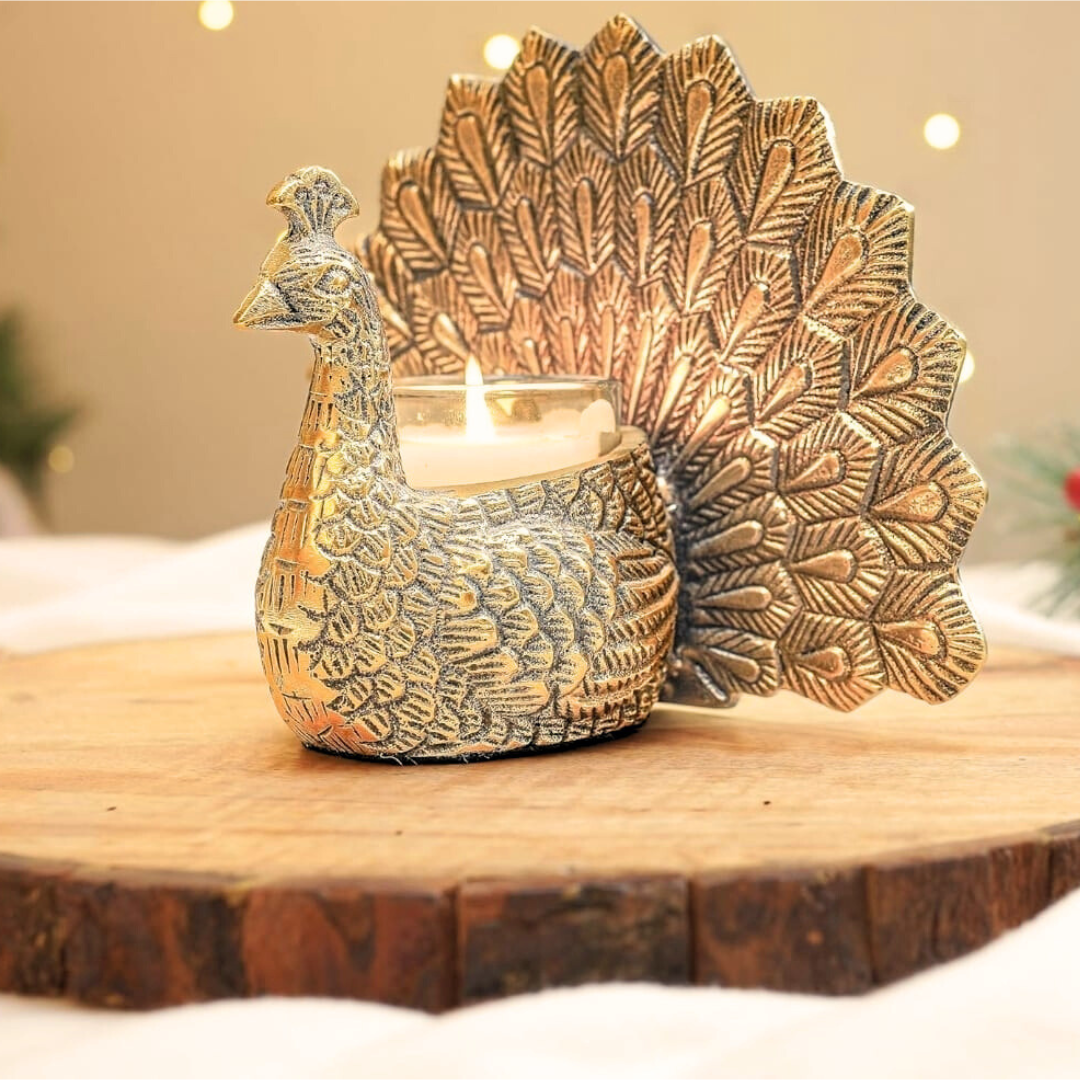 Metal Dancing Peacock Figurine for Good Luck & Love,Candle Holder for Home Dcor Tabletop Living,Showpiece