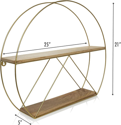 Metal Engineered Wood Round Artistic Floating Shelf | Wall Hanging for Living Room and Bedroom Organizer | Size: 25X21 Inches |