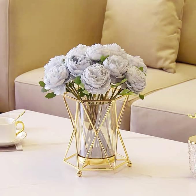 Metal and Glass Multi Purpose Flower Vase with Gold Finish, Size: 15X12 Cm