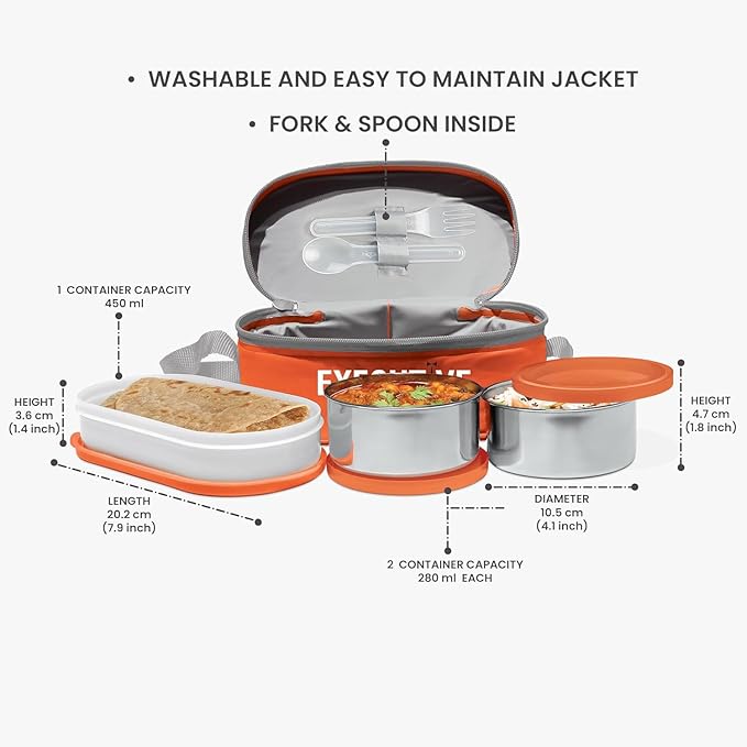 Executive Lunch Box, 2 Round Inner Steel Round Containers 280ml Each and 1 Microwave Safe Oval Plastic Container, 450ml with Insulated Bag, Office Tiffin for Leak-Proof, Easy to Carry