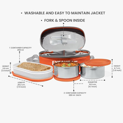 Executive Lunch Box, 2 Round Inner Steel Round Containers 280ml Each and 1 Microwave Safe Oval Plastic Container, 450ml with Insulated Bag, Office Tiffin for Leak-Proof, Easy to Carry