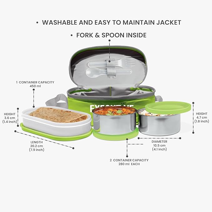 Executive Lunch Box, 2 Round Inner Steel Round Containers 280ml Each and 1 Microwave Safe Oval Plastic Container, 450ml with Insulated Bag, Office Tiffin for Leak-Proof, Easy to Carry Green Color