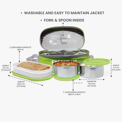 Executive Lunch Box, 2 Round Inner Steel Round Containers 280ml Each and 1 Microwave Safe Oval Plastic Container, 450ml with Insulated Bag, Office Tiffin for Leak-Proof, Easy to Carry Green Color