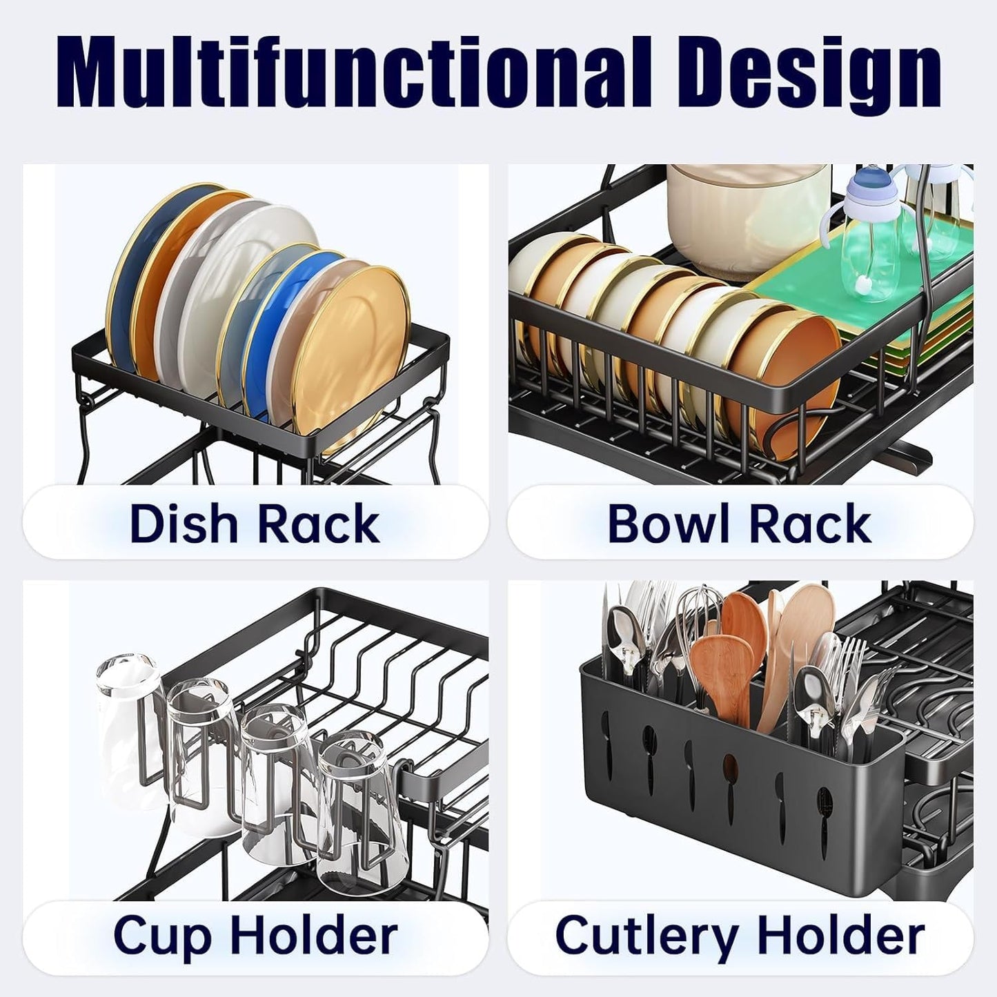2-Tier Large Dish Drying Rack for Kitchen Counter – Detachable Dish Drainer with Utensil Holder & Drain Board, Space-Saving Dish Organizer, Black