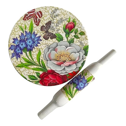 Handicraft Printed White Marble Roti Maker with Wooden Belan Enamel Print | Marble Chakla Diameter 10 Inch