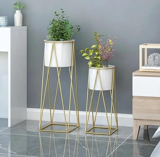 Plant Stand Tall Indoor Plant Stand with Planter Pot Set of 2- White Color