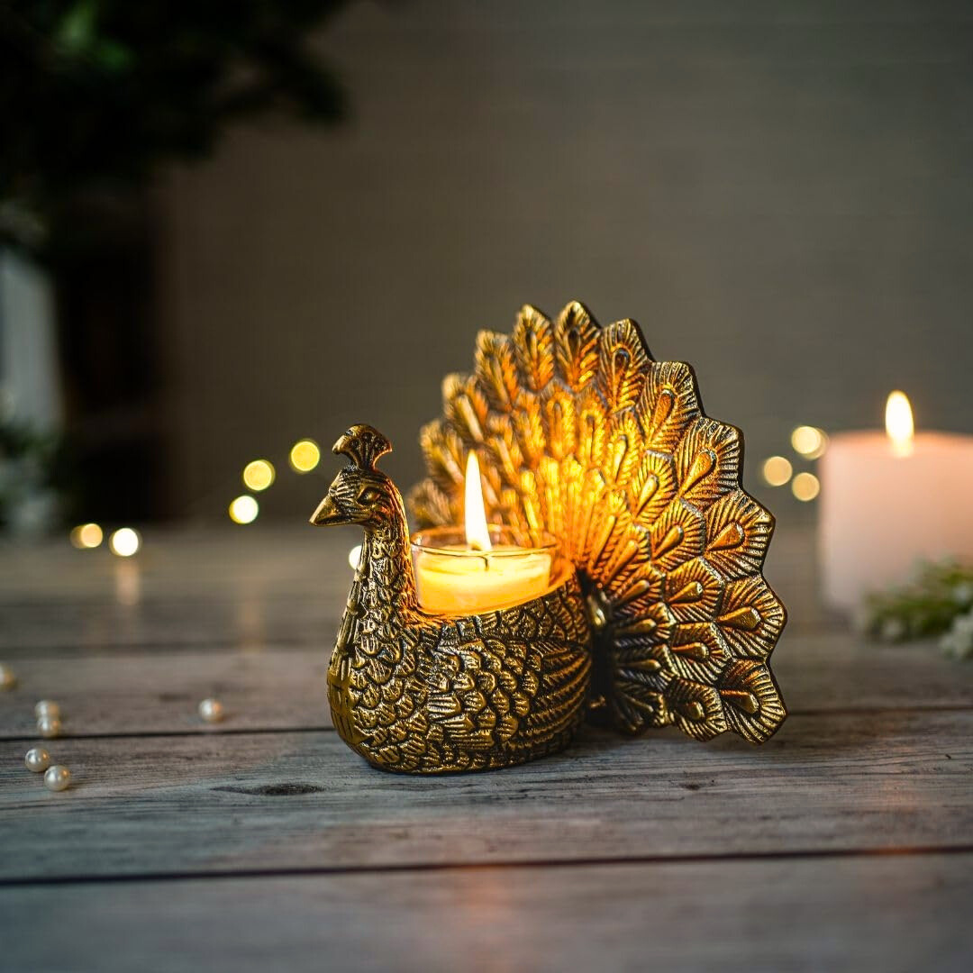 Metal Dancing Peacock Figurine for Good Luck & Love,Candle Holder for Home Dcor Tabletop Living,Showpiece