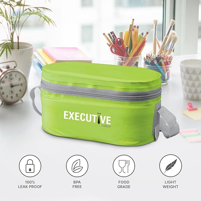Executive Lunch Box, 2 Round Inner Steel Round Containers 280ml Each and 1 Microwave Safe Oval Plastic Container, 450ml with Insulated Bag, Office Tiffin for Leak-Proof, Easy to Carry Green Color