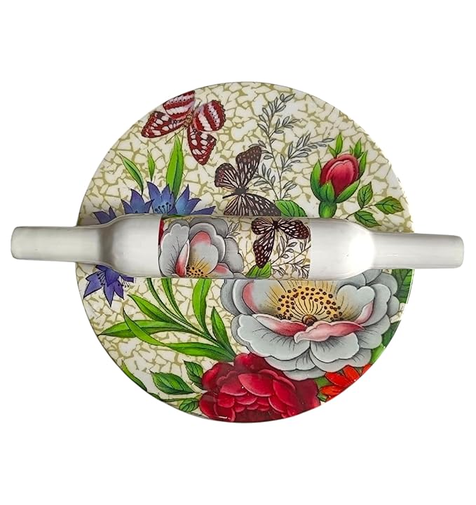 Handicraft Printed White Marble Roti Maker with Wooden Belan Enamel Print | Marble Chakla Diameter 10 Inch