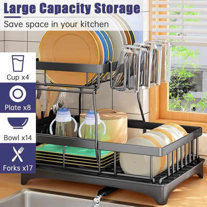 2-Tier Large Dish Drying Rack for Kitchen Counter – Detachable Dish Drainer with Utensil Holder & Drain Board, Space-Saving Dish Organizer, Black