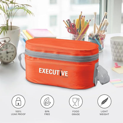 Executive Lunch Box, 2 Round Inner Steel Round Containers 280ml Each and 1 Microwave Safe Oval Plastic Container, 450ml with Insulated Bag, Office Tiffin for Leak-Proof, Easy to Carry