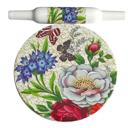 Handicraft Printed White Marble Roti Maker with Wooden Belan Enamel Print | Marble Chakla Diameter 10 Inch