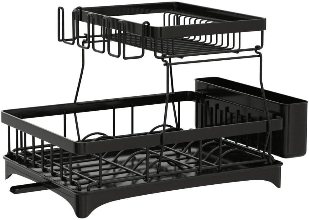 2-Tier Large Dish Drying Rack for Kitchen Counter – Detachable Dish Drainer with Utensil Holder & Drain Board, Space-Saving Dish Organizer, Black