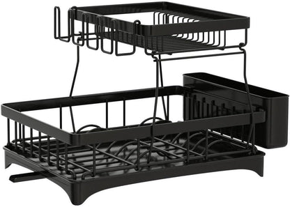 2-Tier Large Dish Drying Rack for Kitchen Counter – Detachable Dish Drainer with Utensil Holder & Drain Board, Space-Saving Dish Organizer, Black