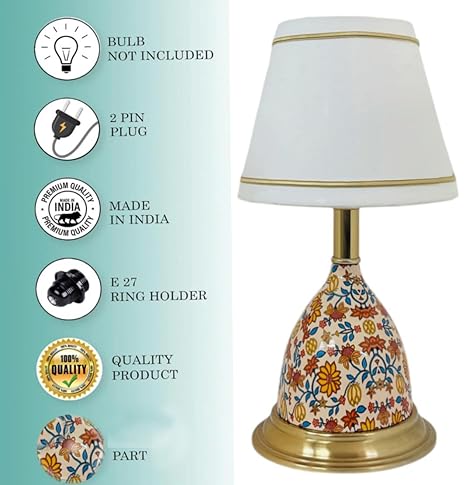 Brass Antique Finished Enamelled  Gold Table Lamp for Bedroom. Size 15X8 Inches