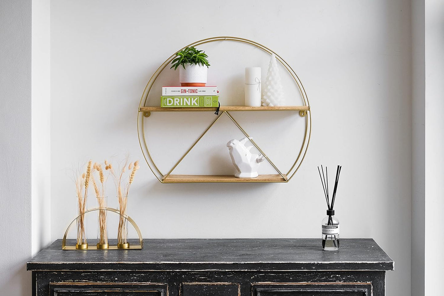 Metal Engineered Wood Round Artistic Floating Shelf | Wall Hanging for Living Room and Bedroom Organizer | Size: 25X21 Inches |