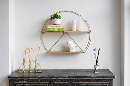 Metal Engineered Wood Round Artistic Floating Shelf | Wall Hanging for Living Room and Bedroom Organizer | Size: 25X21 Inches |