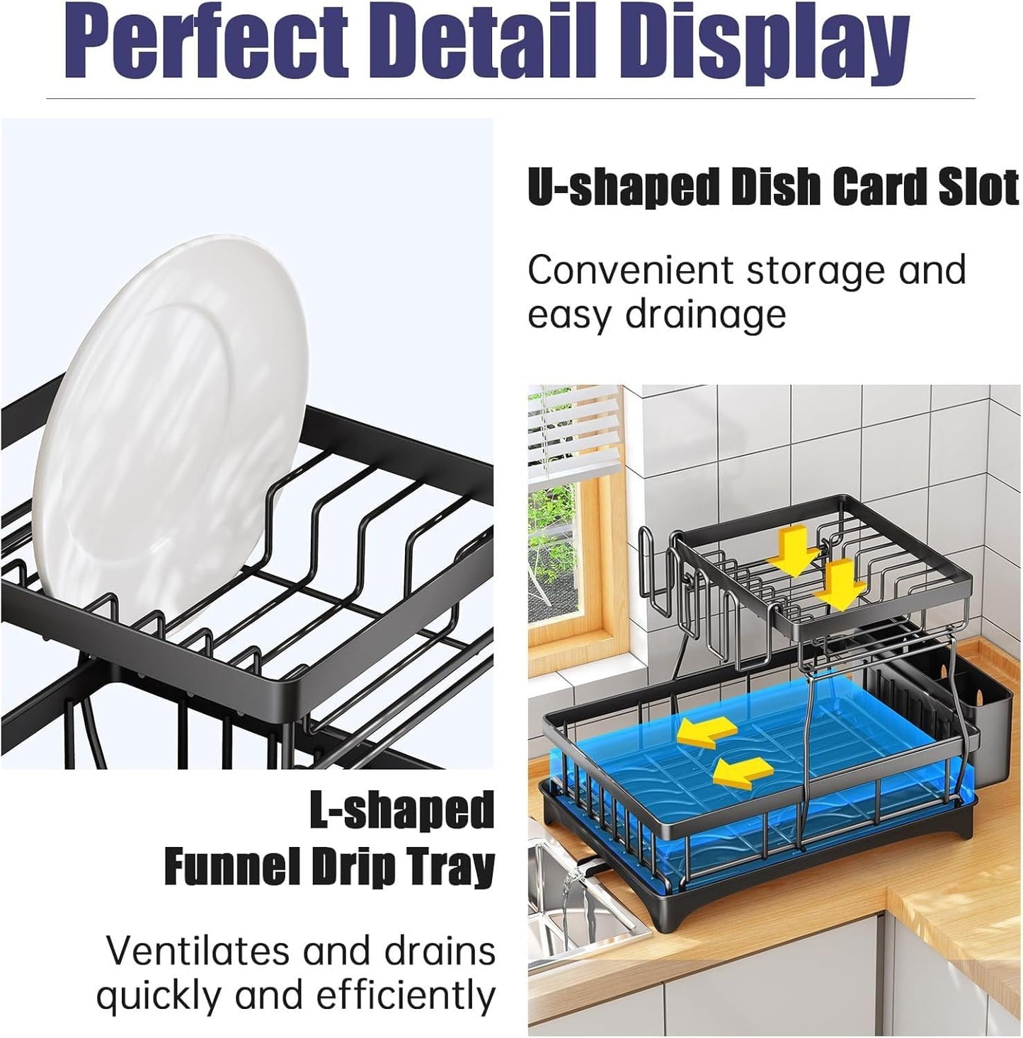 2-Tier Large Dish Drying Rack for Kitchen Counter – Detachable Dish Drainer with Utensil Holder & Drain Board, Space-Saving Dish Organizer, Black