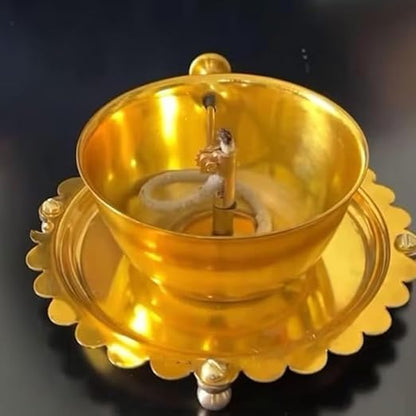 5.5 Inches Golden Brass Akhand Diya with Adjustable Bati With Lifting Screw Wick Holder and Borosilicate Glass