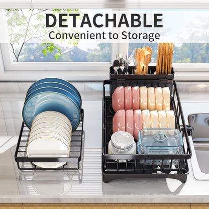 2-Tier Large Dish Drying Rack for Kitchen Counter – Detachable Dish Drainer with Utensil Holder & Drain Board, Space-Saving Dish Organizer, Black