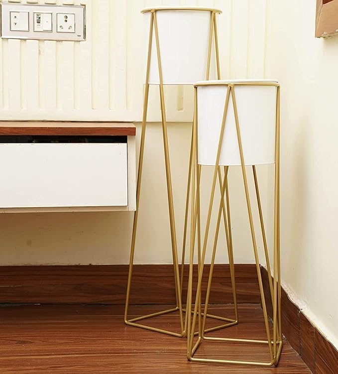 Plant Stand Tall Indoor Plant Stand with Planter Pot Set of 2- White Color