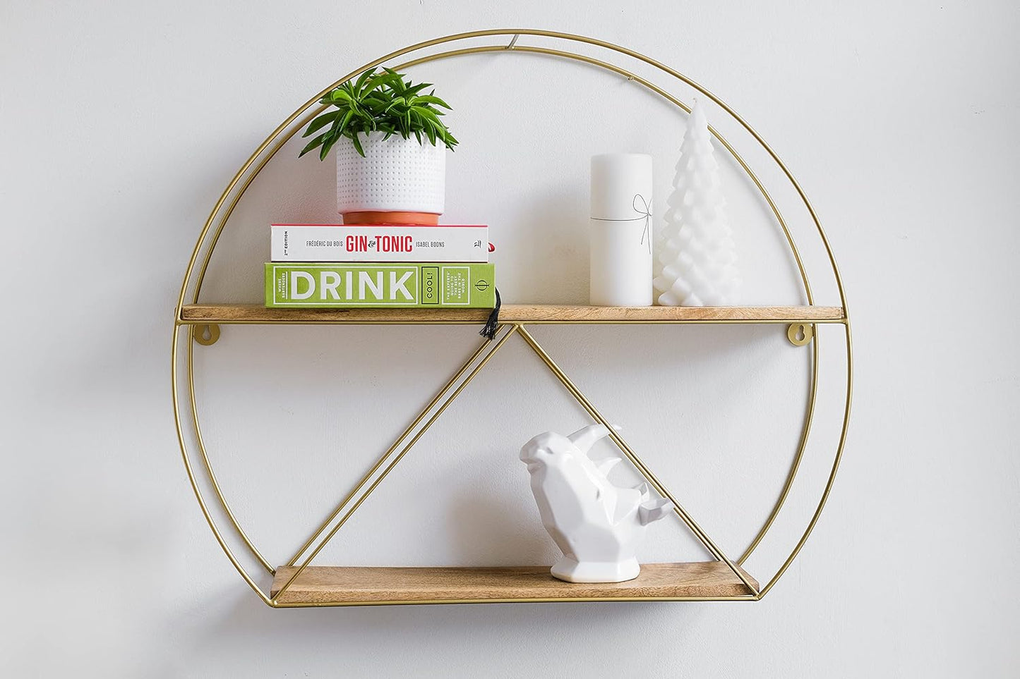 Metal Engineered Wood Round Artistic Floating Shelf | Wall Hanging for Living Room and Bedroom Organizer | Size: 25X21 Inches |