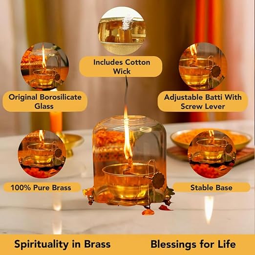 5.5 Inches Golden Brass Akhand Diya with Adjustable Bati With Lifting Screw Wick Holder and Borosilicate Glass