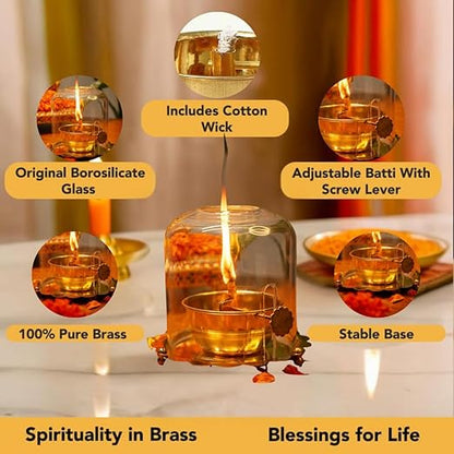 5.5 Inches Golden Brass Akhand Diya with Adjustable Bati With Lifting Screw Wick Holder and Borosilicate Glass